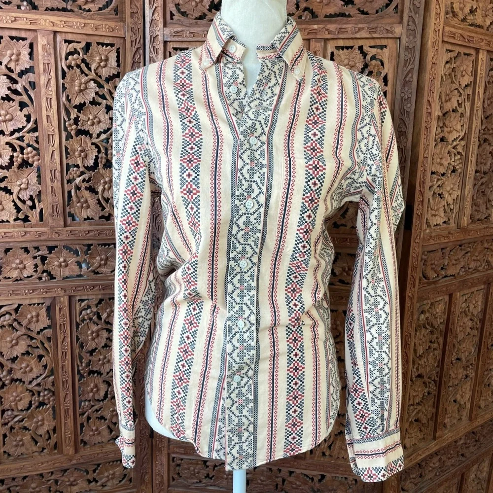 Gitman Bros Vintage Cream Button-Up Shirt with western cross stitch print - Picture 5 of 16